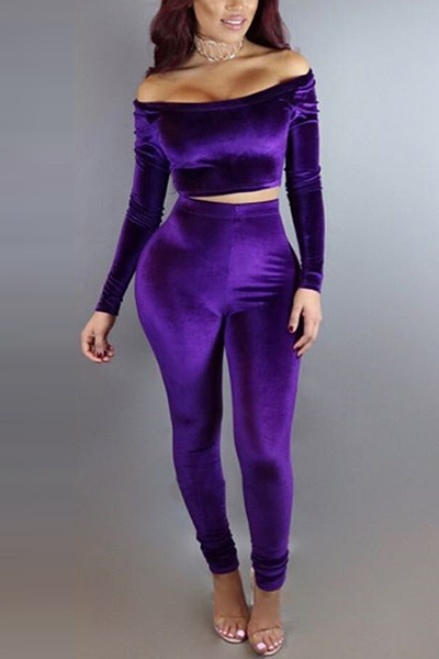 Stylish Bateau Neck Long Sleeves Purple Velvet Two-piece Pants Set