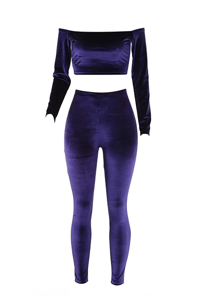 Stylish Bateau Neck Long Sleeves Purple Velvet Two-piece Pants Set