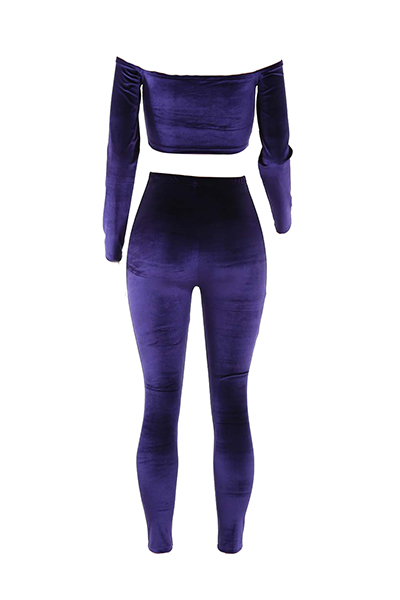 Stylish Bateau Neck Long Sleeves Purple Velvet Two-piece Pants Set