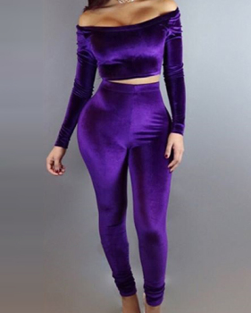 Stylish Bateau Neck Long Sleeves Purple Velvet Two-piece Pants Set