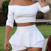 Stylish Dew Shoulder Half Sleeves Patchwork White Milk Fiber Two-piece Shorts Set