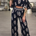 Stylish Dew Shoulder Printed Black Milk Fiber Two-piece Pants Set(Non Positioning Printing)