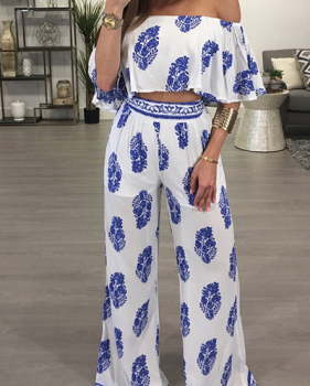 Stylish Dew Shoulder Printed White Milk Fiber Two-piece Pants Set(Non Positioning Printing)