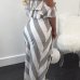 Stylish Dew Shoulder Striped Asymmetrical Grey-white Polyester Two-piece Skirt Set