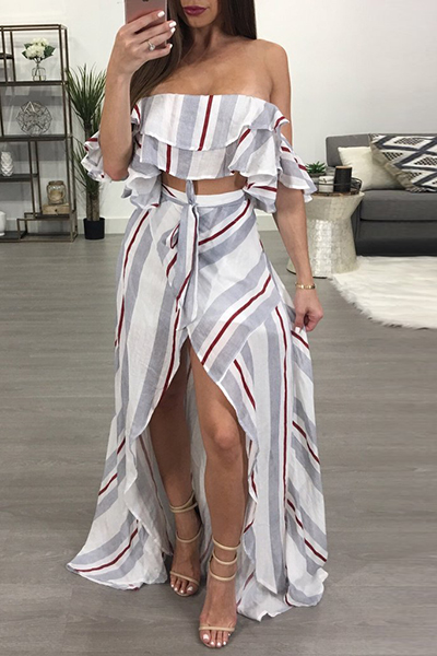 Stylish Dew Shoulder Striped Asymmetrical Light Grey Cotton Two-piece Skirt Set