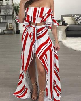 Stylish Dew Shoulder Striped Asymmetrical Red Cotton Two-piece Skirt Set