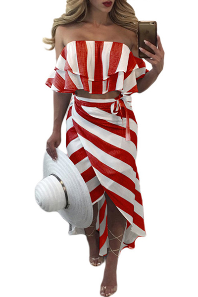 Stylish Dew Shoulder Striped Asymmetrical Red Polyester Two-piece Skirt Set