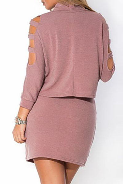 Stylish O Neck Long Sleeves Shoulder Hollow-out Purple Cotton Blend Two-piece Skirt Set