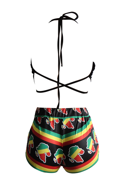 Stylish O Neck Printed Black Healthy Fabric Two-piece Shorts Set(Without Choker)