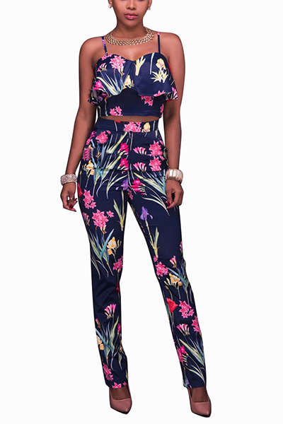 Stylish Rose Printed Blue Healthy Fabric Two-piece Pants Set