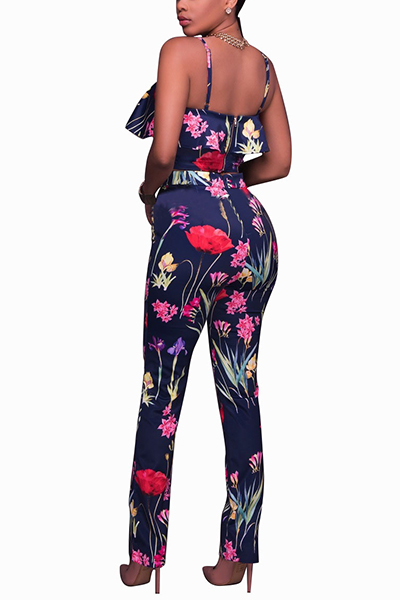 Stylish Rose Printed Blue Healthy Fabric Two-piece Pants Set