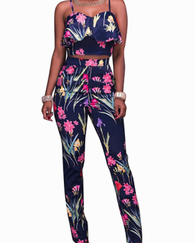 Stylish Rose Printed Blue Healthy Fabric Two-piece Pants Set