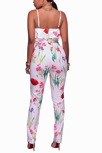 Stylish Rose Printed White Healthy Fabric Two-piece Pants Set