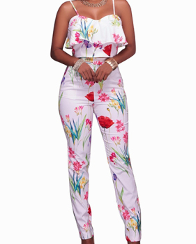 Stylish Rose Printed White Healthy Fabric Two-piece Pants Set