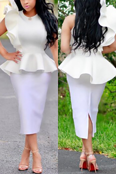 Stylish Round Neck Falbala Design White Polyester Two-piece Skirt Set