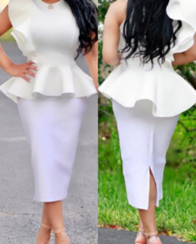 Stylish Round Neck Falbala Design White Polyester Two-piece Skirt Set