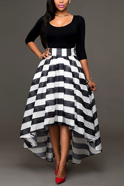 Stylish Round Neck Long Sleeves Striped Black Cotton Blend Two-piece Skirt Set