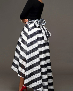 Stylish Round Neck Long Sleeves Striped Black Cotton Blend Two-piece Skirt Set