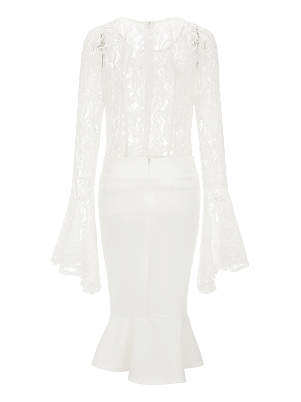 Stylish Round Neck See-Through White Lace Two-piece Skirt Set