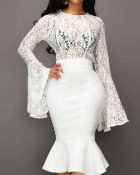 Stylish Round Neck See-Through White Lace Two-piece Skirt Set