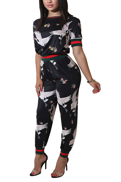 Stylish Round Neck Short Sleeves Printed Patchwork Black Knitting Two-piece Pants Set