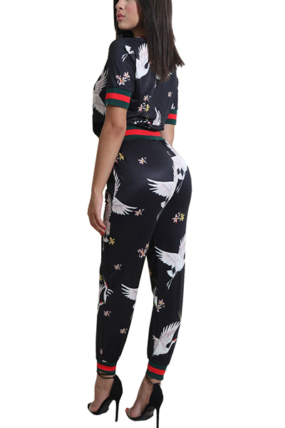 Stylish Round Neck Short Sleeves Printed Patchwork Black Knitting Two-piece Pants Set