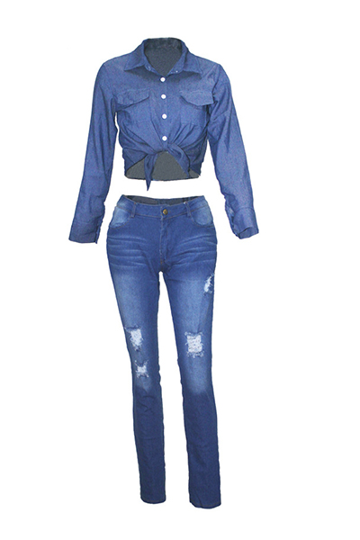 Stylish Turndown Collar Long Sleeves Button Design Blue Denim Two-piece Pants Set