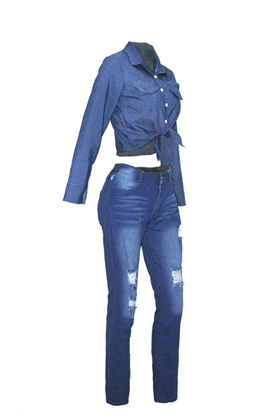 Stylish Turndown Collar Long Sleeves Button Design Blue Denim Two-piece Pants Set