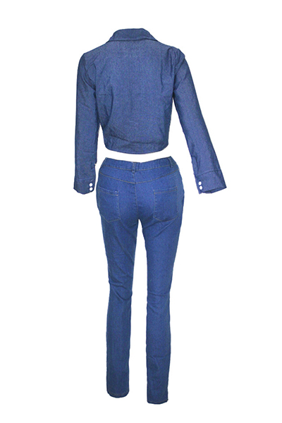 Stylish Turndown Collar Long Sleeves Button Design Blue Denim Two-piece Pants Set