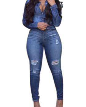 Stylish Turndown Collar Long Sleeves Button Design Blue Denim Two-piece Pants Set