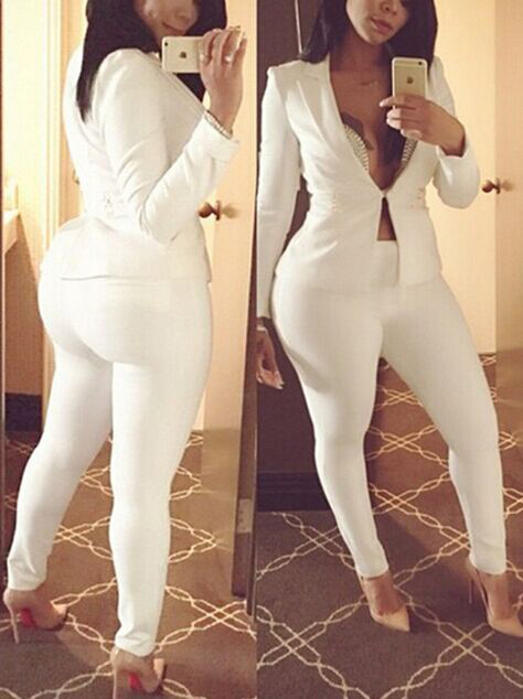 Stylish Turndown Collar Long Sleeves White Polyester Two-piece Pants Set