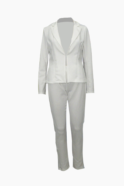 Stylish Turndown Collar Long Sleeves White Polyester Two-piece Pants Set