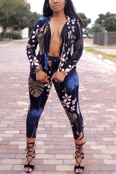 Stylish V Neck Long Sleeves Digital Printing Twilled Satin Two-piece Pants Set