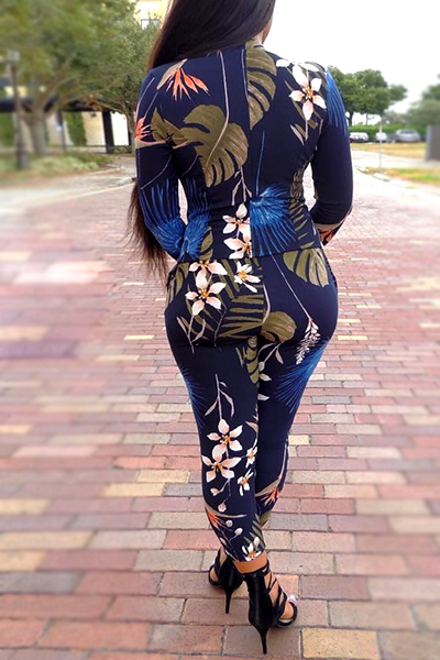 Stylish V Neck Long Sleeves Digital Printing Twilled Satin Two-piece Pants Set