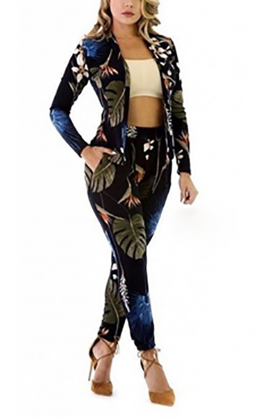 Stylish V Neck Long Sleeves Digital Printing Twilled Satin Two-piece Pants Set