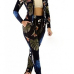 Stylish V Neck Long Sleeves Digital Printing Twilled Satin Two-piece Pants Set