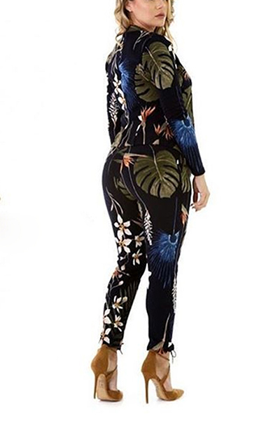 Stylish V Neck Long Sleeves Digital Printing Twilled Satin Two-piece Pants Set