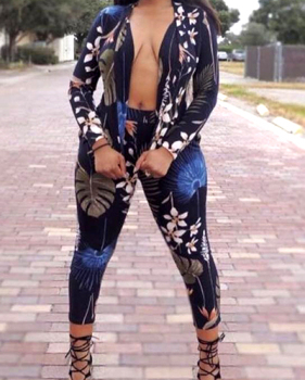 Stylish V Neck Long Sleeves Digital Printing Twilled Satin Two-piece Pants Set