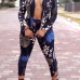 Stylish V Neck Long Sleeves Digital Printing Twilled Satin Two-piece Pants Set