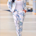 Stylish V Neck Long Sleeves Printed Blue Healthy Fabric Two-piece Pants Set