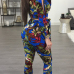 Stylish V Neck Long Sleeves Printed Hollow-out Blue Milk Fiber Two-piece Pants Set