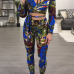 Stylish V Neck Long Sleeves Printed Hollow-out Blue Milk Fiber Two-piece Pants Set