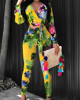 Stylish V Neck Long Sleeves Printed Yellow Venetian Two-piece Pants Set