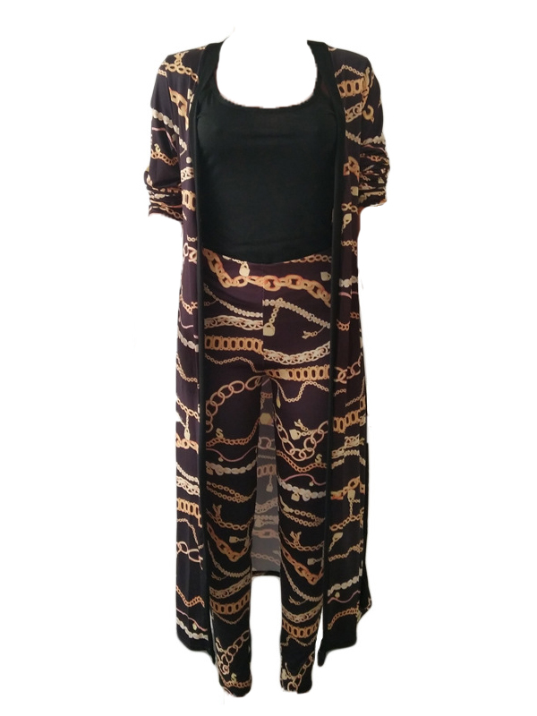 Stylish V Neck Printed Black Polyester Two-piece Pants Set