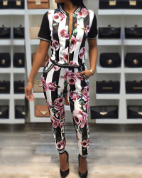 Trendy Printed Patchwork Black Cotton Two-piece Pants Set