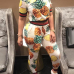 Trendy Round Neck Pineapple Printing White Cotton Two-piece Pants Set