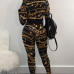 Trendy Round Neck Printed Zipper Design Black Knitting Two-piece Pants Set