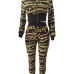 Trendy Round Neck Printed Zipper Design Black Knitting Two-piece Pants Set