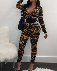 Trendy Round Neck Printed Zipper Design Black Knitting Two-piece Pants Set