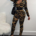 Trendy Round Neck Printed Zipper Design Black Knitting Two-piece Pants Set